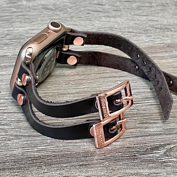 Double Strap Dark Brown Leather Apple Watch Series 7 RoseGold Jewelry Bracelet main image 6